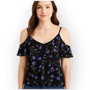 NWT American Eagle Cold Shoulder Floral Lettuce Hem Top S Black Purple
